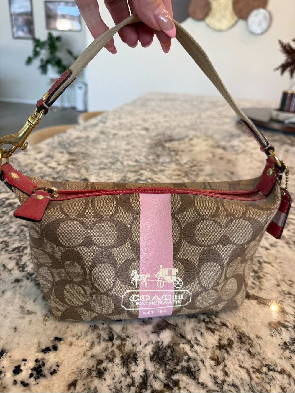 Coach Brown Signature Canvas Mini Bag with Pink Stripe - Picture 3 of 8